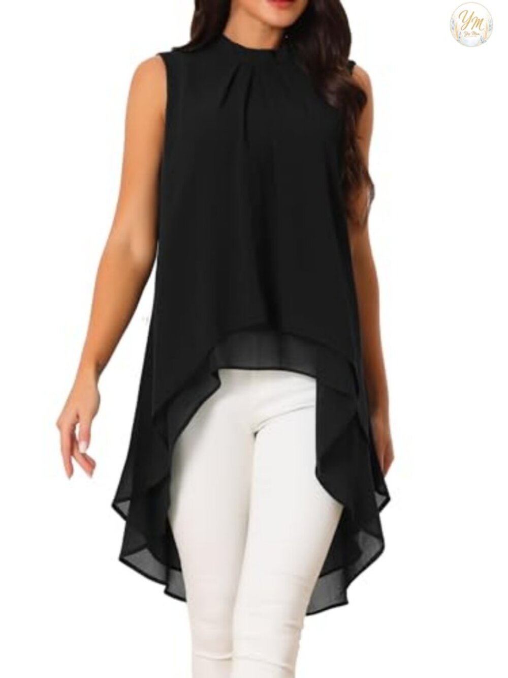 Women's Chiffon High Low Sleeveless Blouse Tie Back Mock Neck Tunic Top